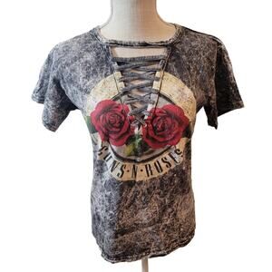 Guns N Roses Stone Wash Lace Up  Dark Grey/White Short Sleeve Tee Size Small